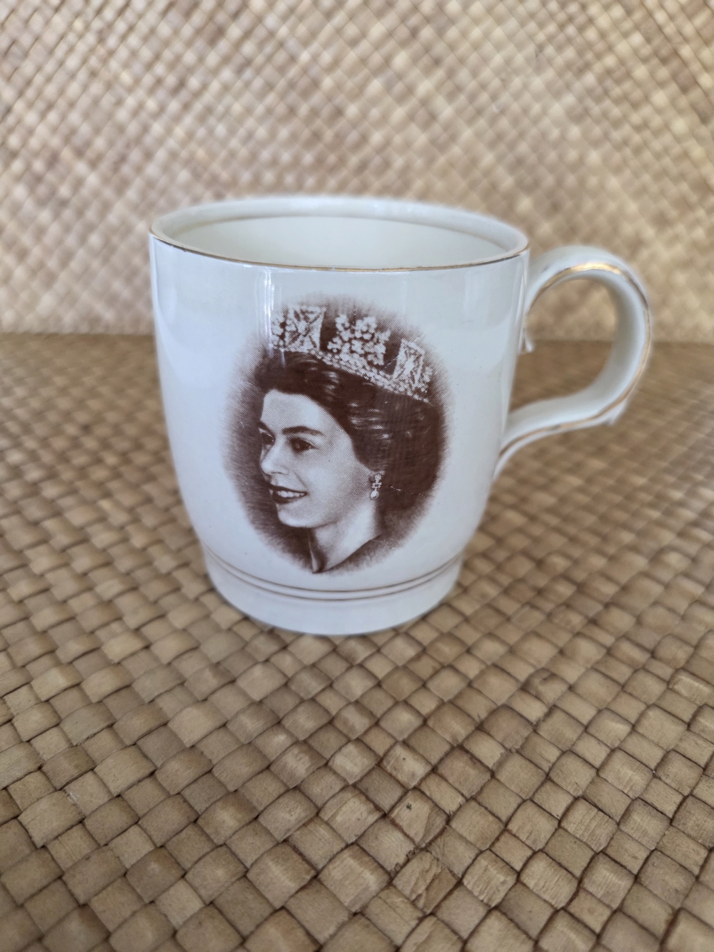 Vintage White Ceramic Portrait Mug with Brown Transfer